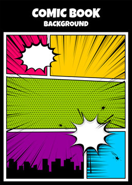 Blank humor graphic. Pop art comics book magazine cover template. Cartoon funny vintage strip comic superhero, text speech bubble balloon, box message, burst bomb. Vector colored halftone illustration