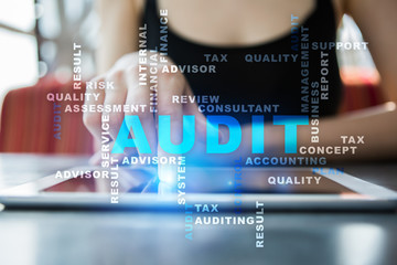 Audit business concept. Auditor. Compliance. Virtual screen technology. Words cloud.