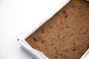 Close up Home Made brownie in cake tin.(selective Focus)