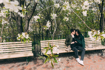 Spring photo session of a beautiful young couple in the old courtyards of the city.