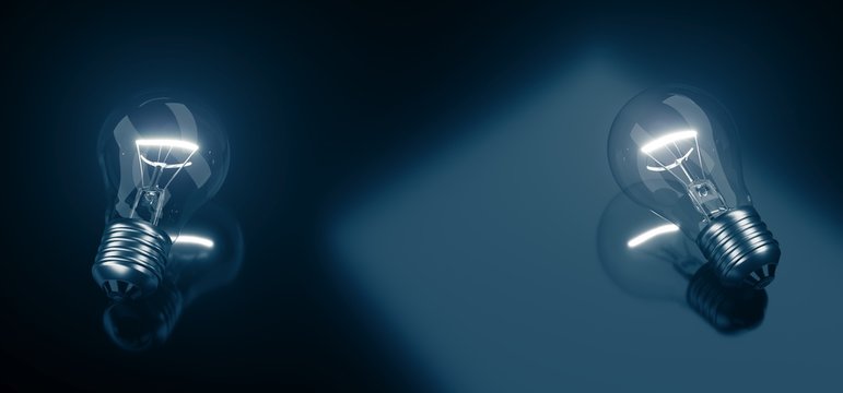 3D Rendering Of Two Lighted Classic Glass Bulbs On Dark Background With Empty Space In Between