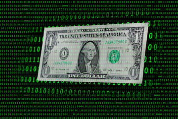 US one dollar banknote among binary code backgound