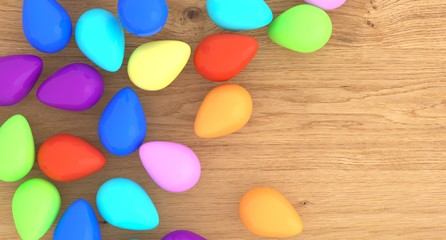 3D Rendering Of Colorful Easter Eggs On Wooden Plate Top View
