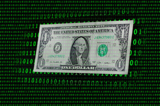 US one dollar banknote among binary code backgound