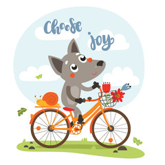 cheerful wolf on a bike vector