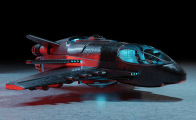Futuristic spacecraft isolated on dark background 3D rendering