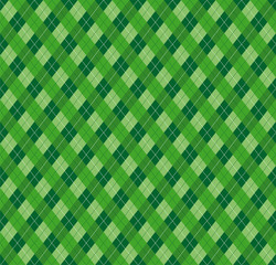 Festive Irish Tartan Diamond Seamless pattern for St Patrick's Day party wrapping paper, textile fabric print, wallpaper abstract background. Flat style vector illustration. Green and white colours