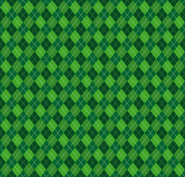 Festive Irish Tartan Diamond Seamless pattern for St Patrick's Day party wrapping paper, textile fabric print, wallpaper abstract background. Flat style vector illustration. Green and white colours