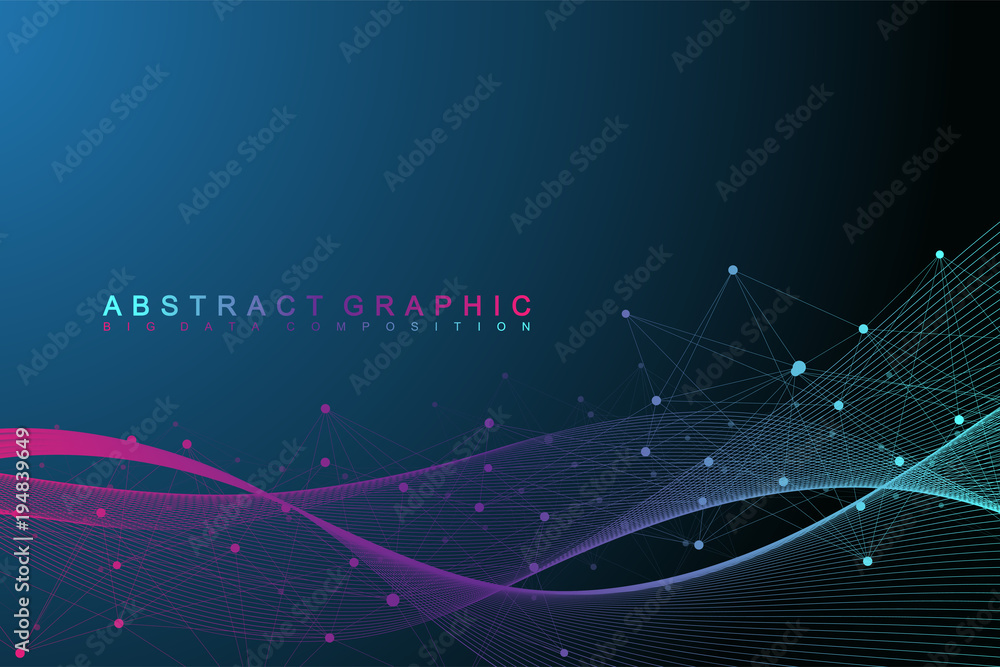 Poster Geometric graphic background molecule and communication. Big data complex with compounds. Perspective backdrop. Minimal array Big data. Digital data visualization. Scientific vector illustration.