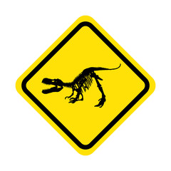 tyrannosaurus rex skeleton fossil on yellow warning sign, isolated dinosaur vector illustration on white background