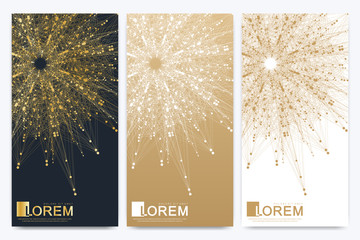 Modern set of vector flyer, web, banner, card, vip, certificate, gift, voucher. Molecule and communication background. Connected line with dots. Golden design in trendy linear style.
