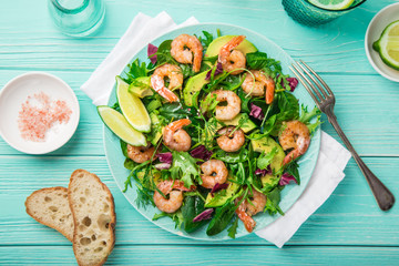 fresh healthy avocado and shrimps salad