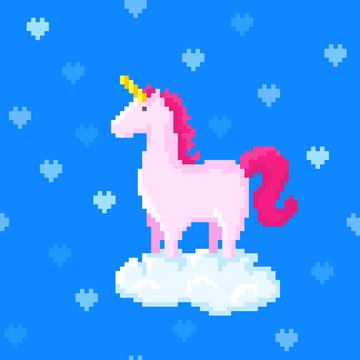 Cute pink unicorn stands on a cloud surrounded by hearts. Pixel art vector image. 8 bit style. Seamless pattern.