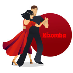 Kizomba Dancers. Dancing Couple in Cartoon Style for Fliers Posters Banners Prints of Dance School and Studio. Vector Illustration
