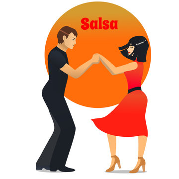 Salsa Dancers. Dancing Couple in Cartoon Style for Fliers Posters Banners Prints of Dance School and Studio. Vector Illustration