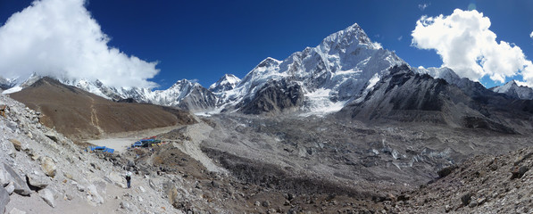 Gorak shep and mount Lhotse with blue sky and big clouds, Everest Base Camp trek, Nepal