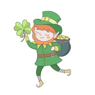 Cute young leprechaun in green clothes with a pot of golden coins and clower leaf. Saint Patrick s day celebration. Ireland national folklore character