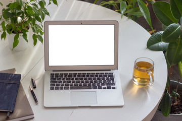  Workplace with laptop on white table and next to plants