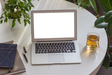  Workplace with laptop on white table and next to beautiful plants