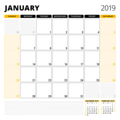 Calendar planner for January 2019. Stationery design template. Week starts on Sunday. 3 months on the page. Vector illustration