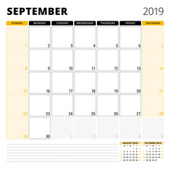Calendar planner for September 2019. Stationery design template. Week starts on Sunday. 3 months on the page. Vector illustration