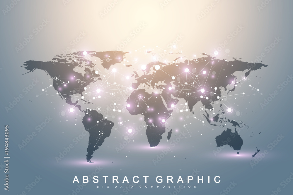 Aufkleber Geometric graphic background communication with World Map. Big data complex with compounds. Perspective backdrop. Minimal array. Digital data visualization. Scientific cybernetic vector illustration.