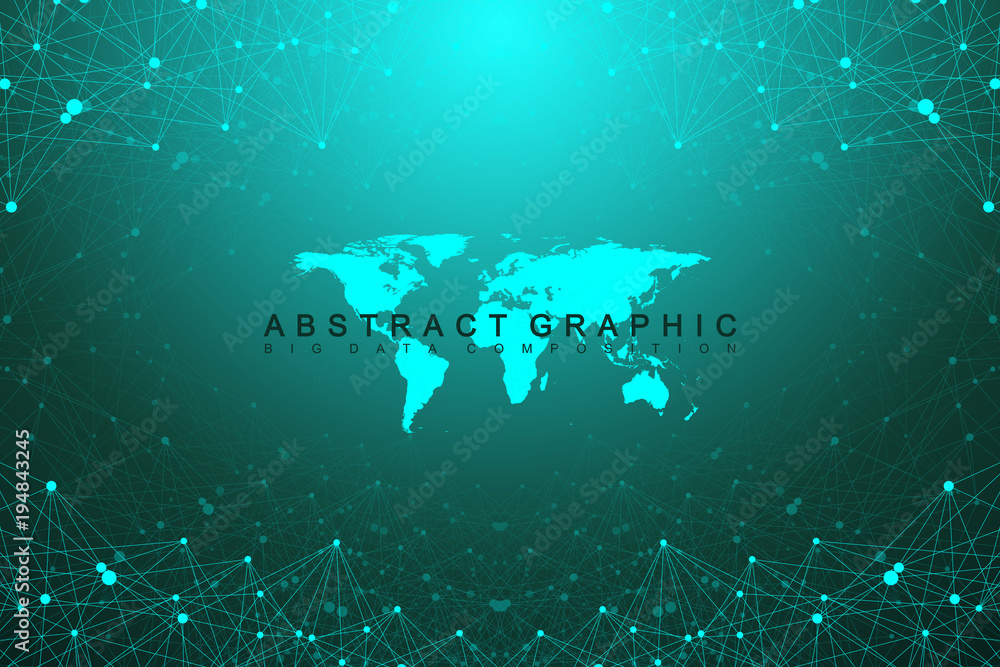 Fototapete Geometric graphic background communication with World Map. Big data complex with compounds. Perspective backdrop. Minimal array. Digital data visualization. Scientific cybernetic vector illustration.