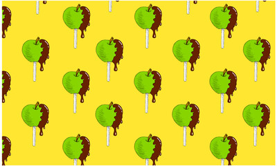 Green apple covered with chocolate on yellow background