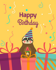 Happy Birthday greeting templates. Invitation cards to the party. Vector banner with cute small sloth and gifts.