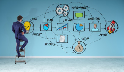 Businessman watching a project sketch on a wall 3D rendering