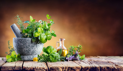 Aromatic Herbs With Mortar - Fresh Spices For Cooking
 - obrazy, fototapety, plakaty