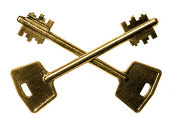 crossed keys of bronze color castle on white background