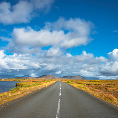 Isolated road and Icelandic colorful landscape at Iceland,