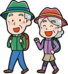ハイキングに行くシニアのイラスト素材