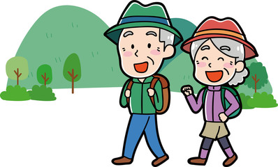 ハイキングに行くシニアのイラスト素材