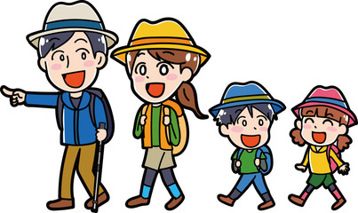 リュックをもってハイキングに行く家族のイラスト素材