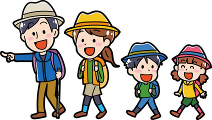 リュックをもってハイキングに行く家族のイラスト素材