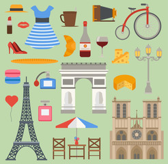 Paris icons vector set cuisine traditional modern France culture symbols. Europe Eiffel Paris icons fashion wine building design architecture. Famous travel love Paris icons monument capital landmark