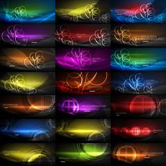 Set of neon glowing waves and lines, shiny light effect digital techno motion backgrounds. Collection of dark space magic vector templates