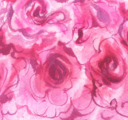 Abstract painted pink watercolor background on crumpled paper texture. Abstract watercolor pink flowers. Illustration for wedding, birhday, greetings cards, web, print, scrapbooking.