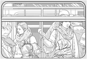 Illustration of crowded metro subway passenger car