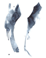 Abstract blue watercolor splotches. Dark water blue watercolor spots with the silhouette of woman. Hand-drawn watercolor illustration. Abstract fashion illustration.