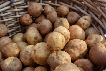 Wicker Basket Full Of Potatoes On Sale At Farmers Market