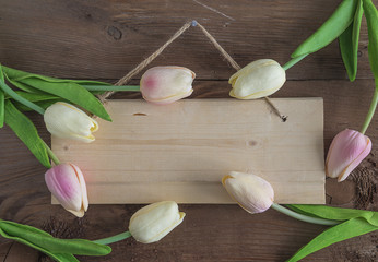 Wooden board decorated by pink and white tulips pending on dark wooden background