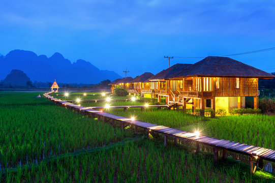 Wooden path and green rice field at night in Vang Vieng, Laos.