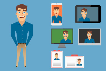Businessman character design collection. Set of young male character in different type of gadgets. Vector illustration design.