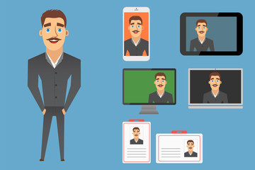 Fototapeta na wymiar Businessman character design collection. Set of young male character in different type of gadgets. Vector illustration design.