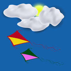 Colored Kites Flying in Blue Sky. Freedom Concept. Toy for Children