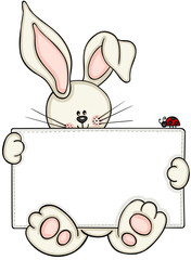 Obraz premium Cute bunny holding blank label with little ladybug 