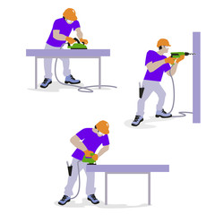 Obraz premium Man work with electric drill, electric wood planer, electric jigsaw.